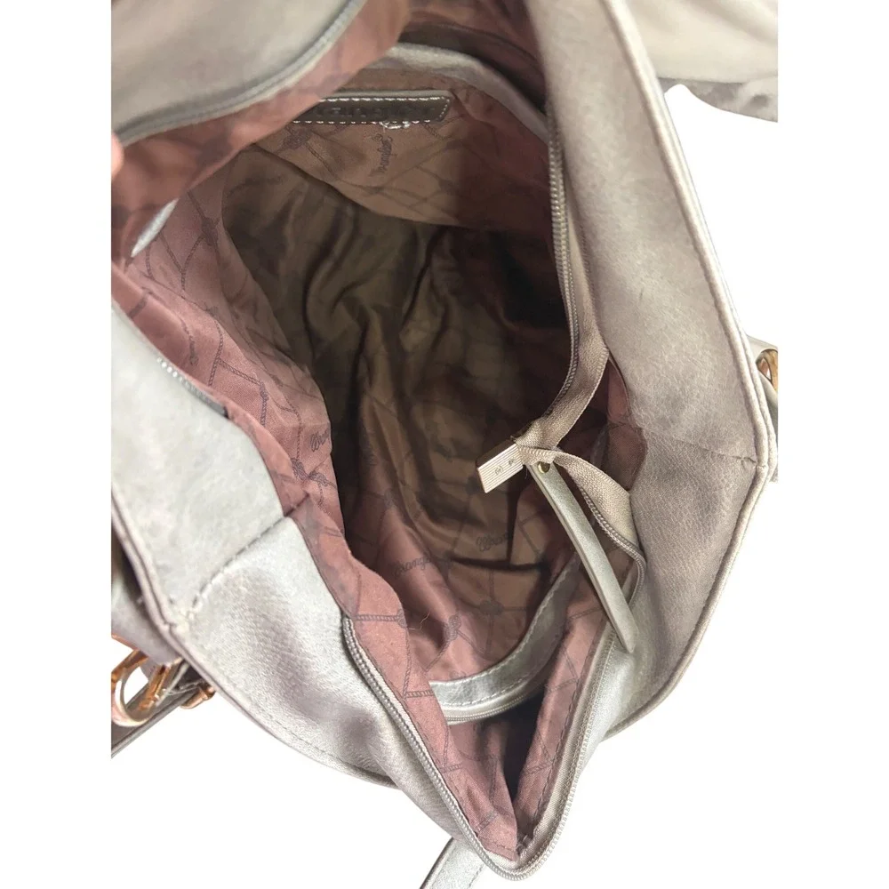 Wrangler Metallic Grey Faux Leather Crossbody Hobo Bag Gold Hardware Western